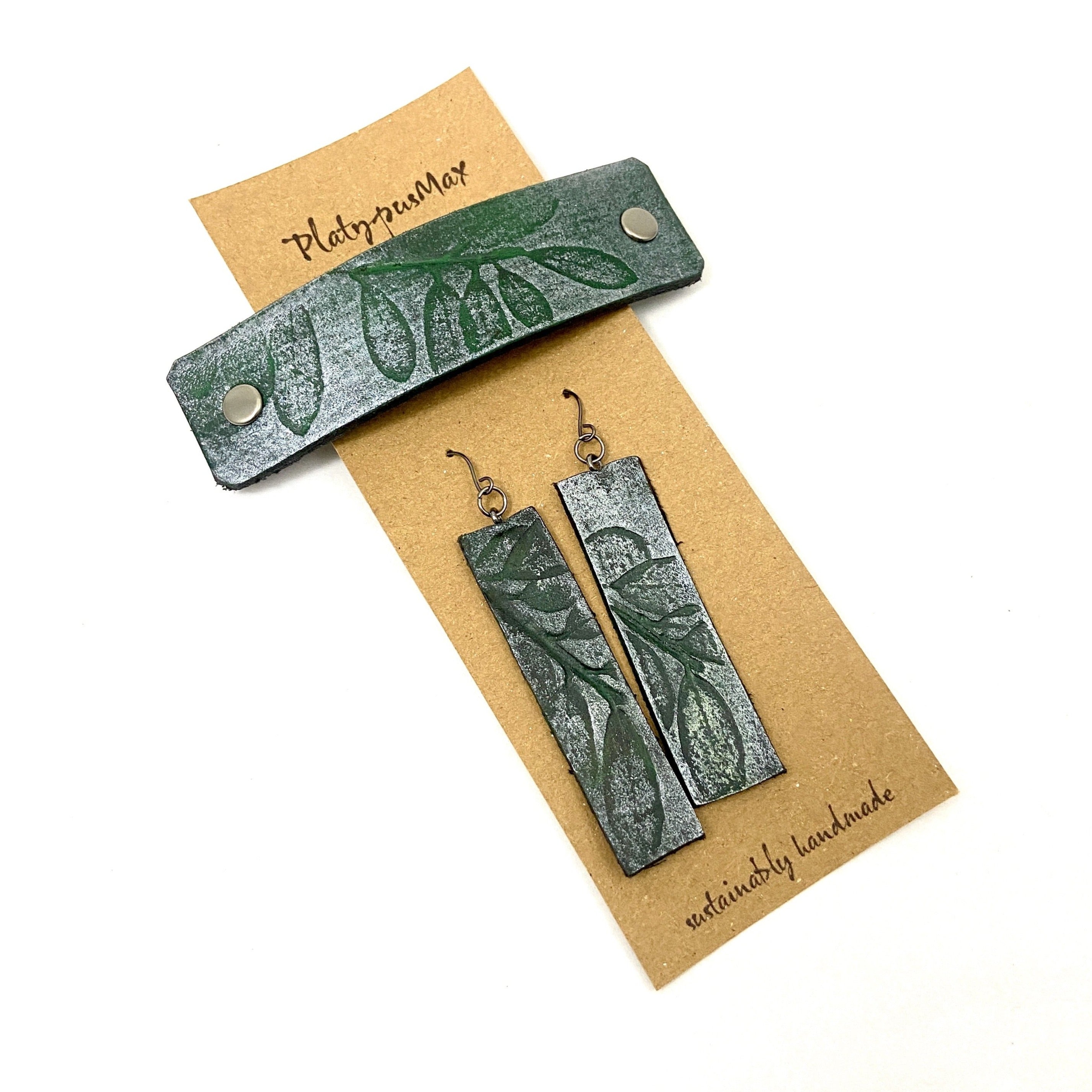 Green Silver Embossed Leaves Barrette And Earring Gift Set - Rosetta Creative Boutique